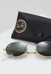Occhiali da sole Ray-Ban con lenti verdi, montatura in metallo dorato e terminali trasparenti, accanto a un astuccio in pelle nera con logo dorato.