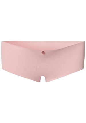 Lichtroze naadloze dames hipster ondergoed met een kleine ronde decoratieve charm in het midden van de tailleband aan de voorkant.