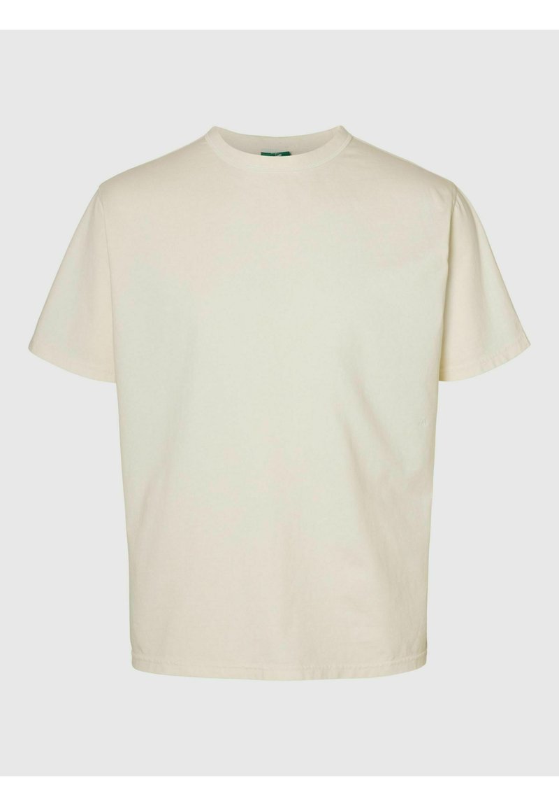 Meeskonna kaelusega, lühikeste varrukatega t-särk helebeežist puuvillast. Iseloomustab lõdvestunud istuvus ja sile tekstuur, puuduvad nähtavad mustrid või aktsendid.