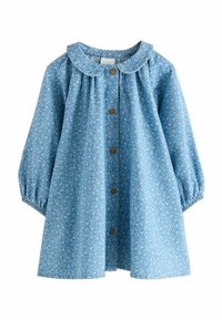 Robe bleu clair avec un motif floral, col à revers, manches longues bouffantes et boutons en bois sur le devant. Tissu doux avec une texture subtile.
