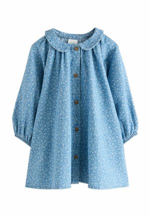 Hellblaues Kleid mit floralem Muster, Kragen, langen Puffärmeln und Holzknöpfen an der Vorderseite. Weicher Stoff mit feiner Textur.