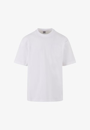 Witte korte mouwen T-shirt van katoen, met een ronde halslijn en een enkele zak aan de linkerkant van de borst.