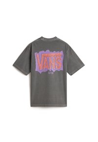 Grijze katoenen t-shirt met een grote paarse en oranje Vans logo graphic op de achterkant. Korte mouwen en een ronde halslijn.