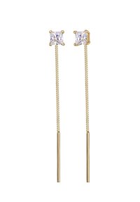 Pendientes de oro con gemas claras cuadradas en la parte superior, que presentan un diseño de caída de cadena larga y delgada con barras de oro rectas.