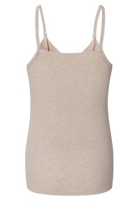 Ærmeløs beige ribstrikket tanktop med tynde justerbare stropper, firkantet udskæring og glat, tætsiddende silhuet.