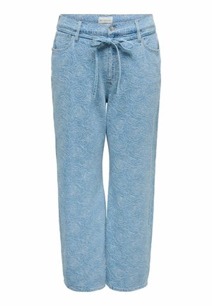 Jasnoniebieskie jeansy o szerokich nogawkach z kwiatowym wzorem róż, przednie kieszenie, szlufki na pasek, zapięcie na guziki oraz materiałowy pasek w talii.