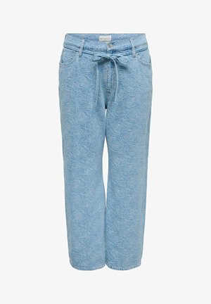 Jasnoniebieskie jeansy o szerokich nogawkach z kwiatowym wzorem róż, przednie kieszenie, szlufki na pasek, zapięcie na guziki oraz materiałowy pasek w talii.