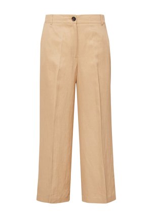 Pantalon beige à jambes larges avec une taille haute, fermeture à boutons sur le devant et passants pour ceinture, en tissu lisse.