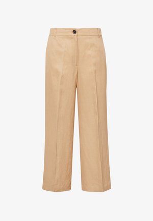 Pantalon beige à jambes larges avec une taille haute, fermeture à boutons sur le devant et passants pour ceinture, en tissu lisse.