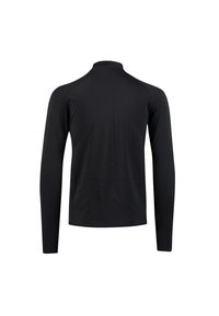 Langärmliges schwarzes Oberteil aus glattem, leichtem Stoff. Verfügt über einen hohen Kragen und nahtlose Schultern, mit einer figurnahen Silhouette.