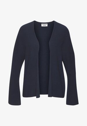 Navy blue cardigan with open front, ribbed texture, and long, slightly flared sleeves. Made from a soft, stretchy material.