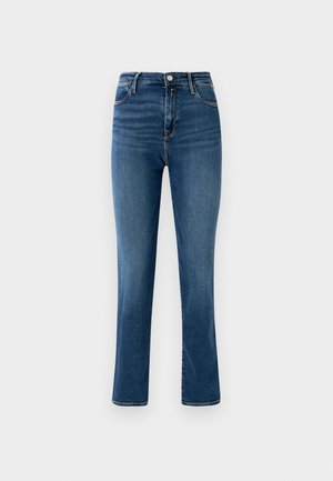 Temno modre jeans hlače z visokim pasom, ravnim krojem, petimi žepi in kontrastnimi šivi. Klasično zapiranje z metalnim gumbom.