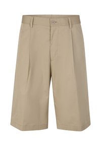 Pantaloni corti plissettati beige realizzati in tessuto leggero. Presentano una chiusura con bottone e tasche laterali, con un design a gamba dritta e senza fantasie.