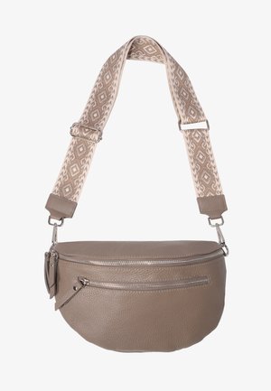 Gray leather crossbody bag with a textured finish, featuring two zippered pockets and a patterned adjustable strap in cream and beige tones.