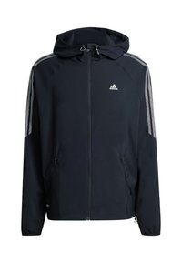 Čierna bunda na zips s kapucňou, s kontrastnými sivými pruhmi na pleciach, dvoma bočnými vreckami a malým logom na hrudi.