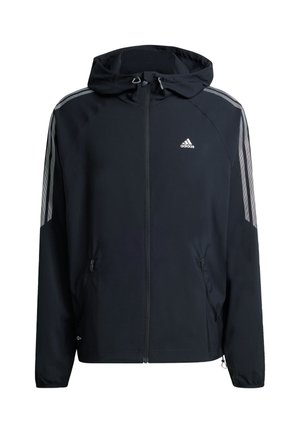 Crna jakna na patentni zatvarač s kapuljačom, s kontrastnim sivim prugama na rukavima, dva bočna džepa i mali logotip na prsima.