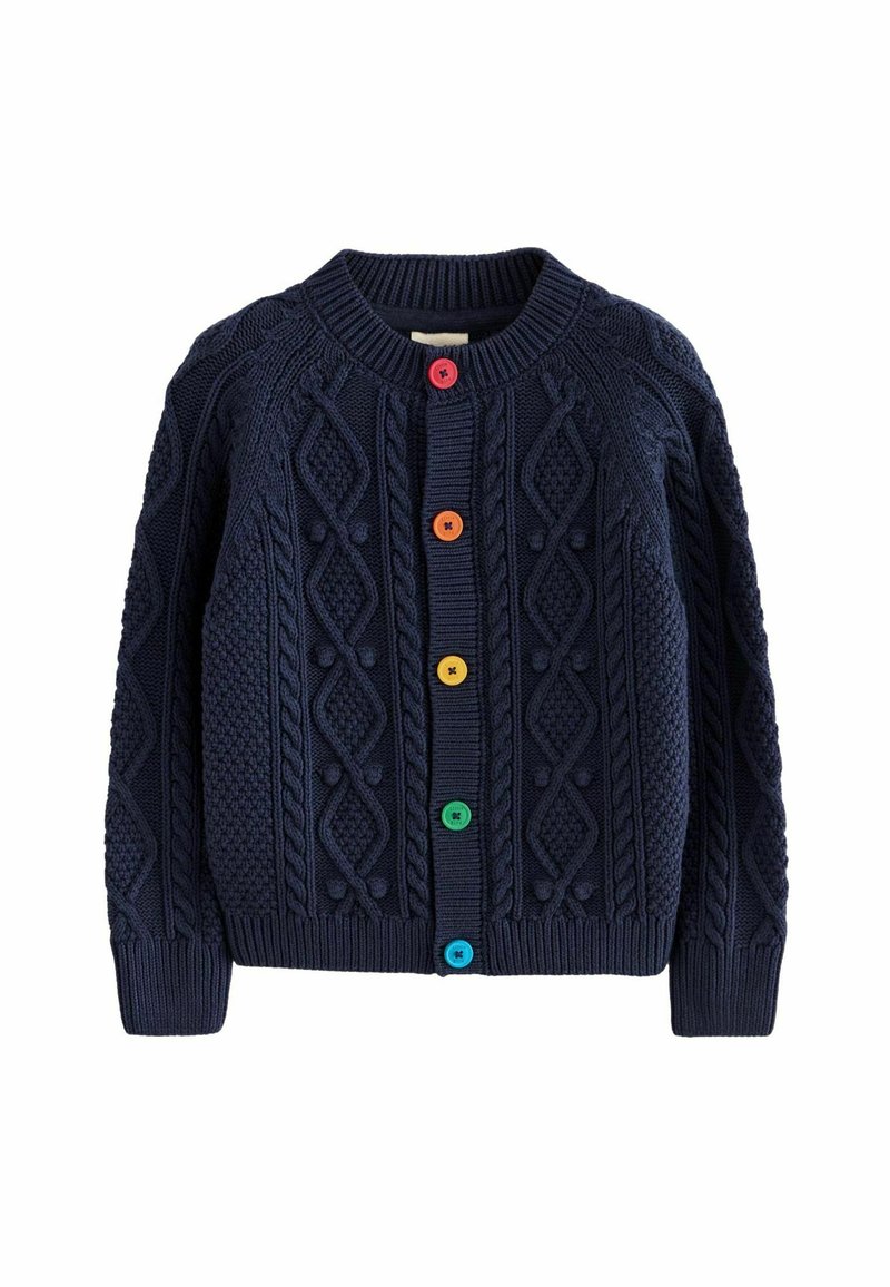 Donkerblauwe gebreide cardigan met een gestructureerd kabelpatroon, ronde halslijn en kleurrijke knopen in rood, oranje, geel, groen en blauw.