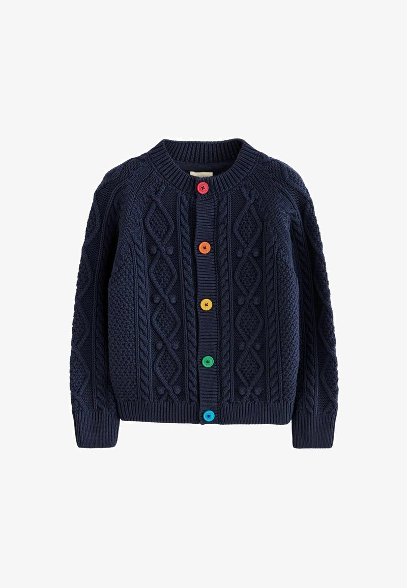 Tamsiai mėlynas megztas kardiganas, turintis tekstūruotą kabelių raštą, apvalų iškirpimą ir spalvingus mygtukus raudon, oranžin, gelton, žalią ir mėlyną.