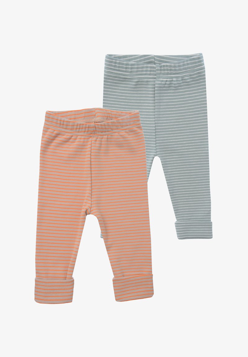 Two pairs of children's leggings: one in orange with white stripes and one in gray with light gray stripes. Both have elastic waistbands.