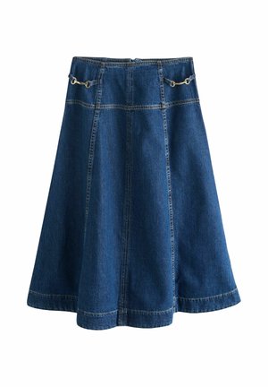 Mørkeblå A-formet denimnederdel med lodrette syningspaneler og to små metalliske spænde detaljer ved linningen.