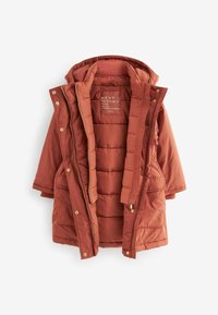 Gepolsterte, rostorange Parka mit Kapuze, goldenen Druckknöpfen, Reißverschluss und zwei Fronttaschen. Gefüttertes Innenleben mit horizontalem Steppmuster.