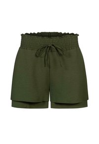 Olivově zelené šortky se smockingovým páskem a nastavovacím stahováním, které mají vrstvený design a měkkou, strukturovanou tkaninu.