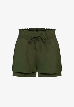 Pantalones cortos verde oliva con cintura fruncida y cinta ajustable, que presentan un diseño en capas y una tela suave y texturizada.