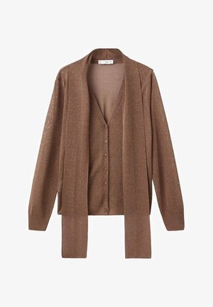 Brown long cardigan featuring a v-neck, button closure, and soft texture. The design includes open front and long sleeves.
