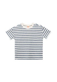 Bomuld t-shirt med rund hals, prydet med horisontale marineblå og hvide striber. Korte ærmer; struktureret stof med et vævet mønster.