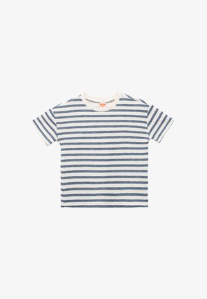 Baumwoll-T-Shirt mit Rundhalsausschnitt, ausgestattet mit horizontalen navyblauen und weißen Streifen. Kurze Ärmel; strukturierter Stoff mit gewebtem Muster.