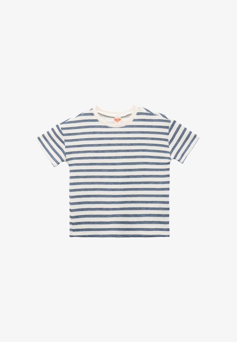 Bomuld t-shirt med rund hals, prydet med horisontale marineblå og hvide striber. Korte ærmer; struktureret stof med et vævet mønster.