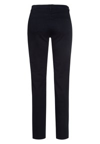 Visuale posteriore di pantaloni neri slim-fit con due tasche posteriori e un piccolo logo del marchio sulla tasca destra.