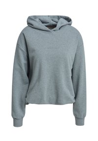 Grauer Langarm-Hoodie mit gerippten Bündchen und minimalem Textdetail auf der Vorderseite, der einen lässigen Schnitt und eine große Kapuze bietet.
