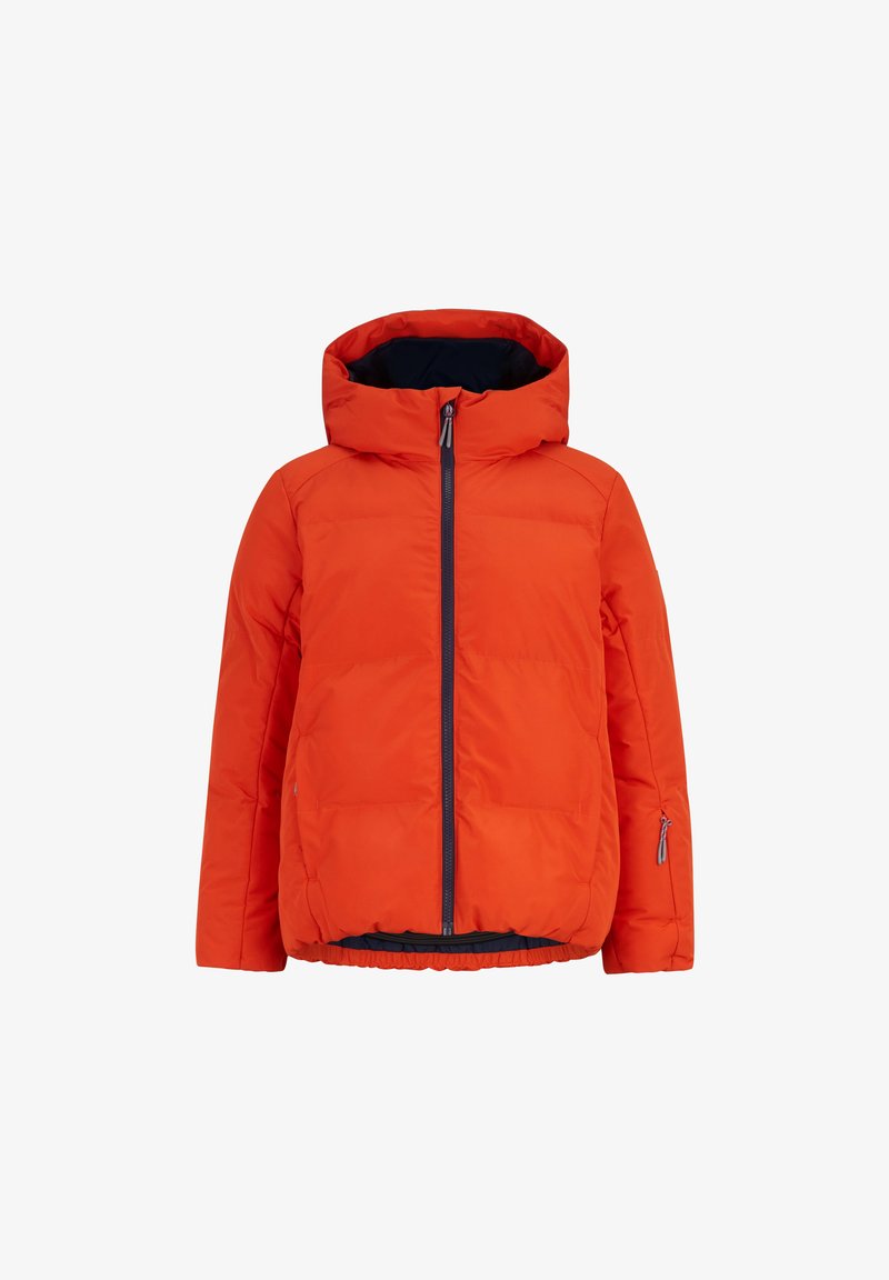 Doudoune orange vif avec capuche, dotée d'une fermeture éclair sur le devant, de poignets élastiques et d'une doublure bleu marine. Texture matelassée uniforme sur l'ensemble.