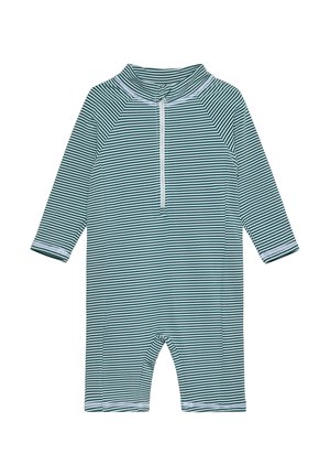 Pijama de bebé de manga larga con rayas verdes y blancas, cremallera frontal y botón a presión en el cuello alto, diseño hasta la rodilla.