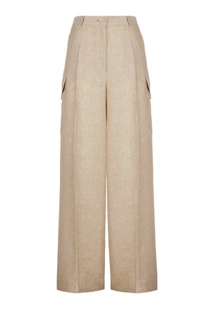 Beige linnen wijde cargo broek met hoge taille, voorzien van twee zijzakken, een voor sluiting met knoop en plooidetails.