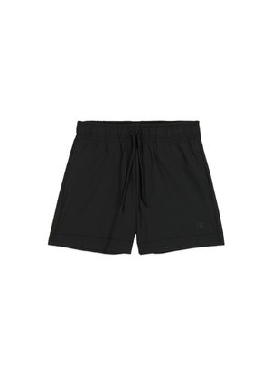 Schwarze Sportshorts mit elastischem Bund und Kordelzug, ausgestattet mit Seitentaschen und einem dezenten Logo. Glatte, leichte Stoffqualität.