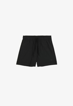 Zwarte sportshorts met een elastische tailleband en trekkoord, voorzien van zijzakken en een subtiel logo. Soepele, lichte stof.