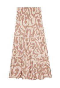 Falda maxi con parte superior fruncida, que presenta un patrón abstracto en tonos rosa claro y beige, diseño en capas y textura de tela suave y fluida.