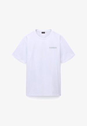 Witte katoenen T-shirt met korte mouwen en een ronde hals. Heeft een klein turkoois logo op de linkerkant van de borst. Zachte textuur.