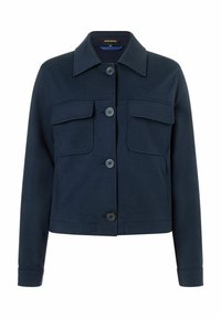Marineblauwe jas met een kraaghalslijn, vier voorkruisen en knoopsluitingen. Gemaakt van een gladde, gestructureerde stof.