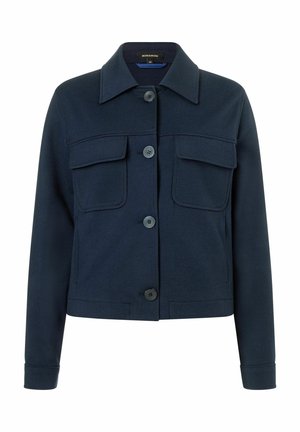 Marineblaue Jacke mit einem Kragen, vier Fronttaschen und Knopfverschlüssen. Hergestellt aus einem glatten, strukturierten Stoff.
