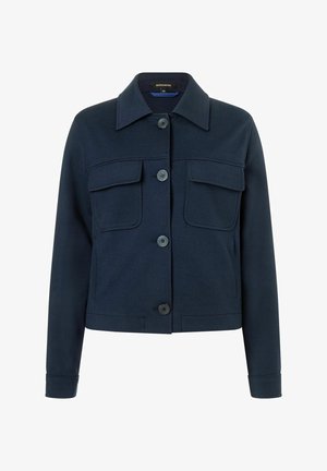 Navy blue jacket featuring a collared neckline, four front pockets, and button closures. Made from a smooth, structured fabric.