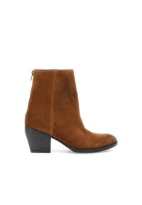 Stivale alla caviglia in suede marrone con punta arrotondata, tacco a blocco di media altezza e zip laterale. Texture liscia, design minimalista e senza decorazioni visibili.