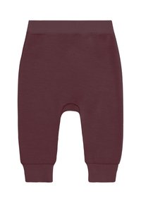 Bordeauxfarbene, weiche Babyhosen aus Stoff mit elastischem Bund und Bündchen, entworfen für Komfort und Bewegungsfreiheit.