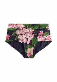 Tamsiai mėlynos spalvos aukštai juosmeniui skirtos bikini kelnaitės, papuoštos dideliais rožiniais gėlių raštais ir žaliomis lapų detalėmis, su sutraukta akcentu priekyje.