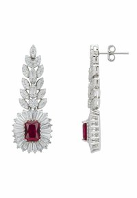 Dangling earrings featuring a central deep red rectangular gemstone, surrounded by clear baguette and round-cut stones, set in silver.