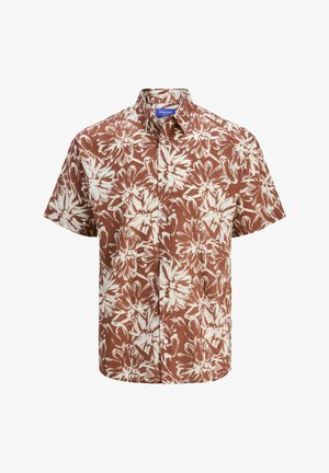 Lyhythihainen paita ruskeassa ja valkoisessa kukkakuosissa, jossa on nappikaulus ja pehmeä kankaan rakenne.