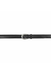 Cinturón de cuero negro con una textura suave, con una hebilla redonda de plata y varios agujeros de ajuste para un ajuste personalizable.