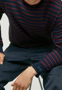 Marineblauer Pullover mit roten horizontalen Streifen, geripptem Kragen und Bündchen. Grünes gesticktes Detail am Bündchen. Getragen mit dunkelblauen Hosen.